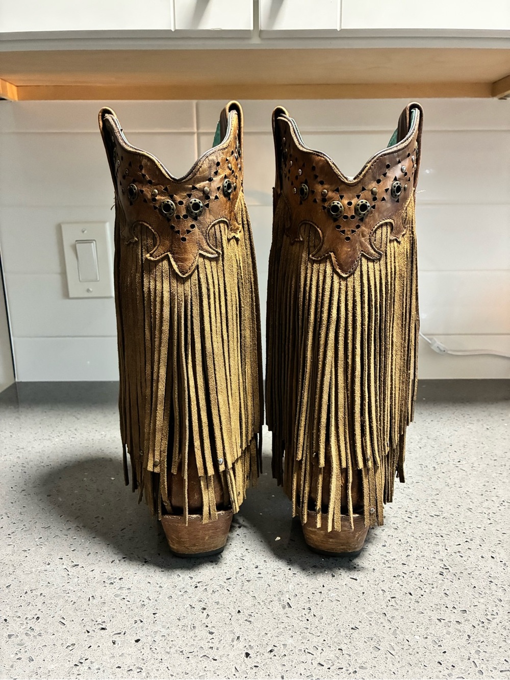 Women's Brown Leather Fringe Western Heeled Boots - Picture 3 of 6